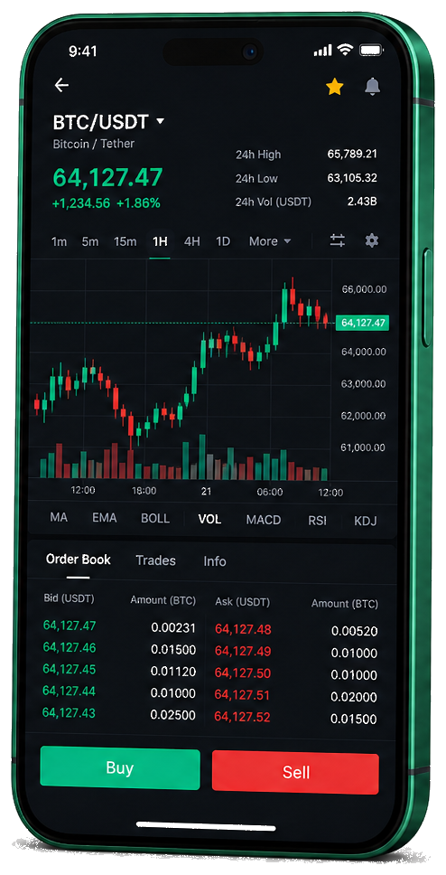NanterHavoirekto mobile trading platform — live BTC/USDT chart, order book and buy/sell interface